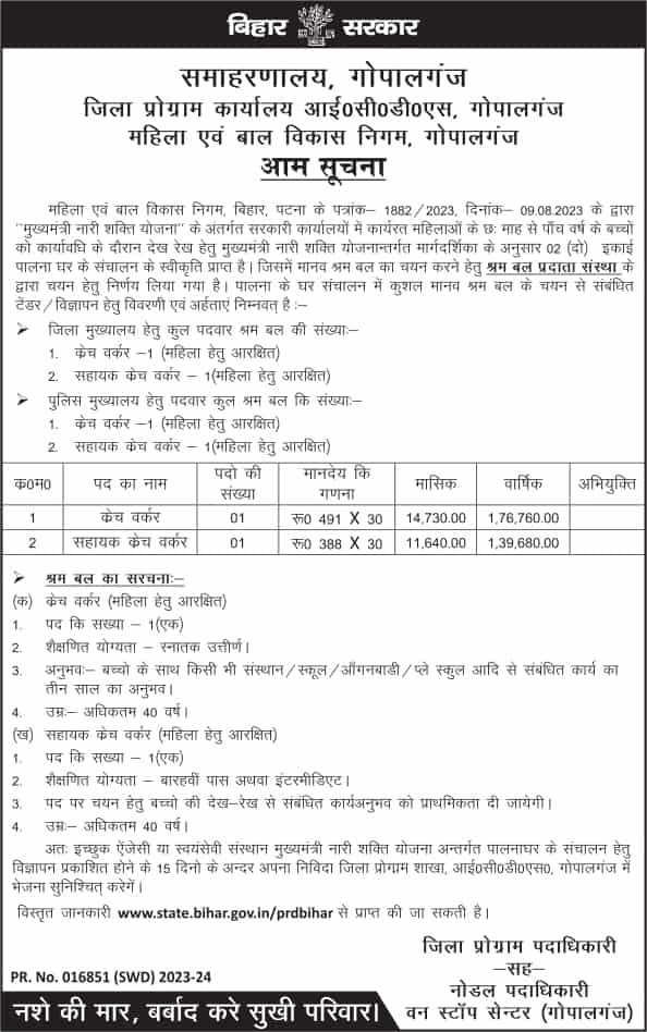 Bihar Jila Palnaghar Recruitment 2024 Gopalganj