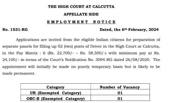 Calcutta High Court Driver Recruitment 2024 :