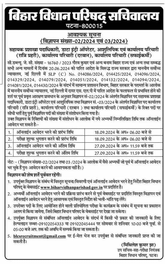 Bihar Vidhan Parishad Sachivalaya Vacancy 2024