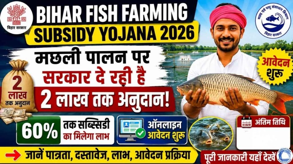 Bihar Fish Farming Subsidy Yojana 2026: मछली पालन पर सरकार दे रही है 2 लाख तक अनुदान , ऑनलाइन आवेदन शुरू Bihar Fish Farming Subsidy Yojana 2026