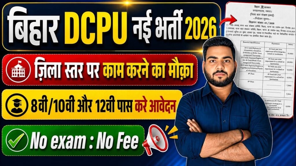 Bihar DCPU Vacancy 2026 : बिहार में जिला स्तर पर DCPU में 8वीं/10वीं पास के लिए नई भर्ती- आवेदन शुरू Bihar DCPU Vacancy 2026