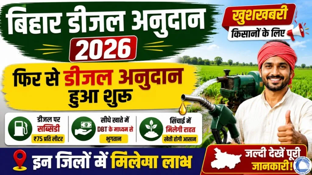 Bihar Diesel Anudan 2026 : बिहार के किसानो के लिए खुशखबरी- फिर से डीजल अनुदान हुआ शुरू, इन जिलो में मिलेगा लाभ Bihar Diesel Anudan 2026