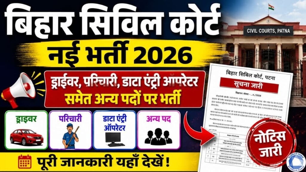 Bihar Civil Court New Vacancy 2026: बिहार सिविल कोर्ट में ड्राइवर, परिचारी, डाटा एंट्री ऑपरेटर समेत अन्य पदों पर भर्ती, नोटिस जारी Bihar Civil Court New Vacancy 2026