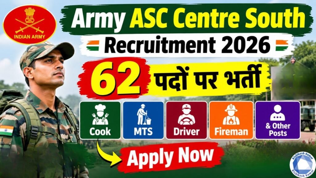 Army ASC Centre South Recruitment 2026: 62 Posts for Cook, MTS, Driver, Fireman & Other Posts, Apply Now Army ASC Centre South Recruitment 2026