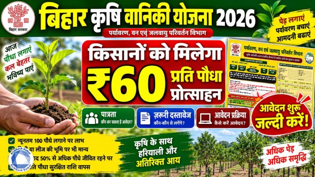 Bihar Krishi Vaniki Yojana 2026: किसानों को ₹60 प्रति पौधा प्रोत्साहन, जानें पात्रता, दस्तावेज और आवेदन प्रक्रिया Bihar Krishi Vaniki Yojana 2026