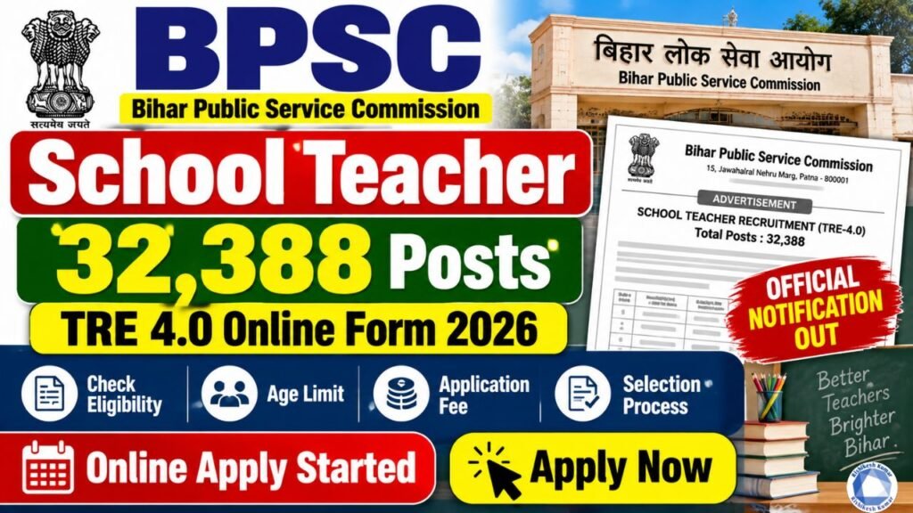 BPSC School Teacher TRE 4.0 Online Form 2026: 32,388 Posts, Online Apply Started, Check Eligibility & Apply Link BPSC School Teacher TRE 4.0 Online Form 2026