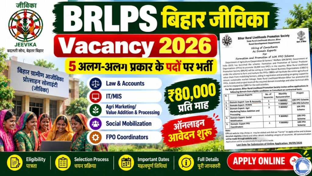 BRLPS Bihar Jeevika Vacancy 2026 : बिहार जीविका में 5 अलग-अलग प्रकार के पदों पर भर्ती- ऑनलाइन आवेदन शुरू BRLPS Bihar Jeevika Vacancy 2026
