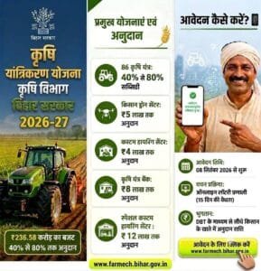 Bihar Krishi Yantrikaran Yojana 2026-27 : कृषि यंत्र पर सरकार दे रही है 80% और 12 लाख रुपए तक अनुदान - ऑनलाइन शुरू Bihar Krishi Yantrikaran Yojana 2026