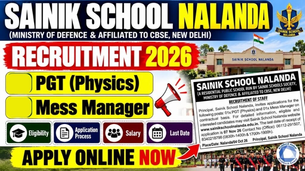 Sainik School Nalanda Recruitment 2026: PGT Physics & Mess Manager Vacancy, Apply Online, Eligibility & Last Date Sainik School Nalanda Recruitment 2026