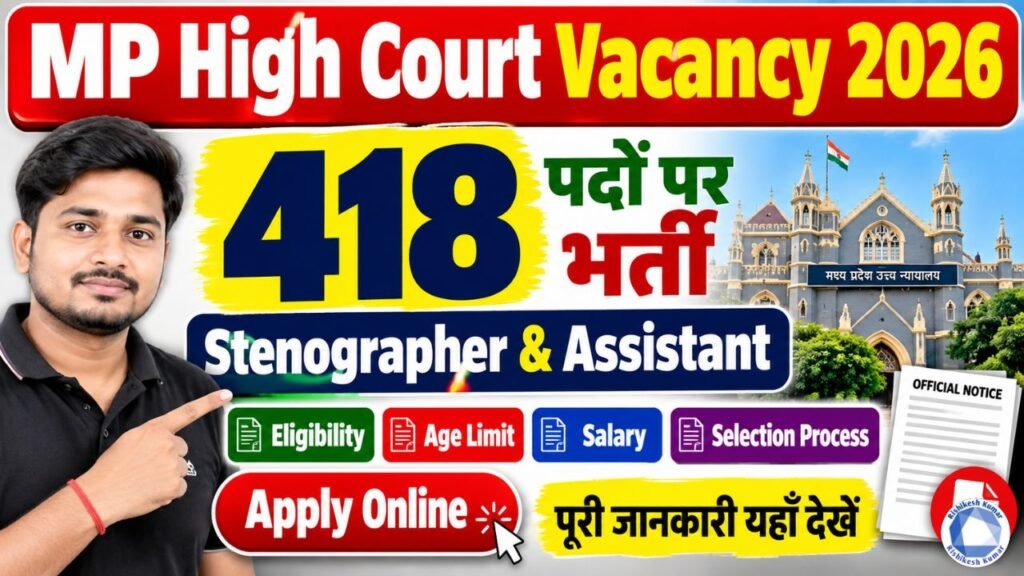 MP High Court Vacancy 2026: 418 Stenographer & Assistant Posts, Eligibility, Salary & Apply Online MP High Court Vacancy 2026